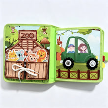Load image into Gallery viewer, Ma Première Visite au Zoo - Livre bébé : page entrée du zoo avec lacet à nouer et roue qui tourne