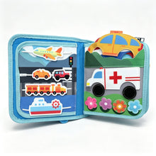 Load image into Gallery viewer, Mes Premiers Véhicules - Livre bébé : page avion, voitures, train, bateau et ambulance à roues qui tournent
