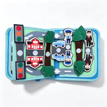 Load image into Gallery viewer, Mes Premiers Véhicules - Livre bébé : page ville avec feux tricolores, caserne, policiers et arbres
